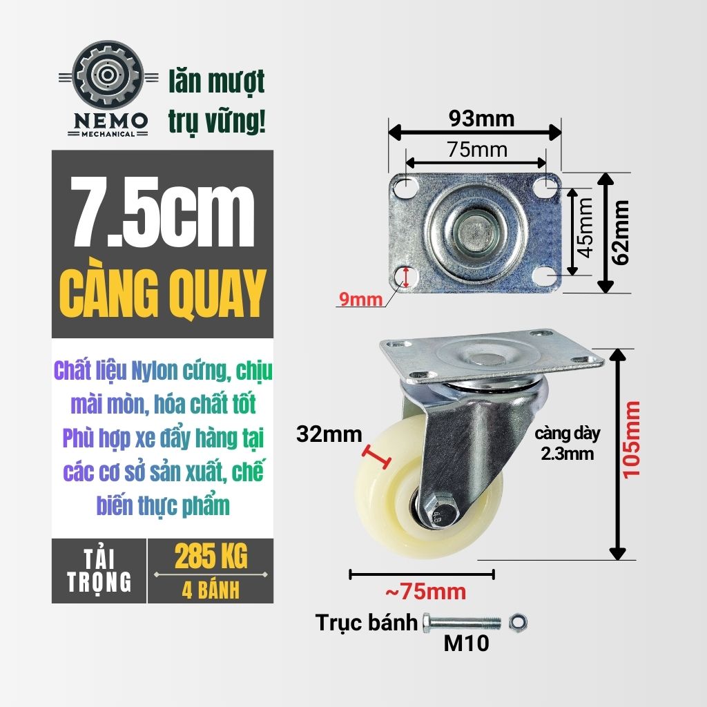 Bánh Xe Nylon Trắng Chịu Tải – Chuyên Dụng Kho Lạnh, Phòng Sạch (D75, D100, D125)